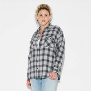 Women's Oversized Long Sleeve Collared Flannel Shirt - black gray Wild Fable XL